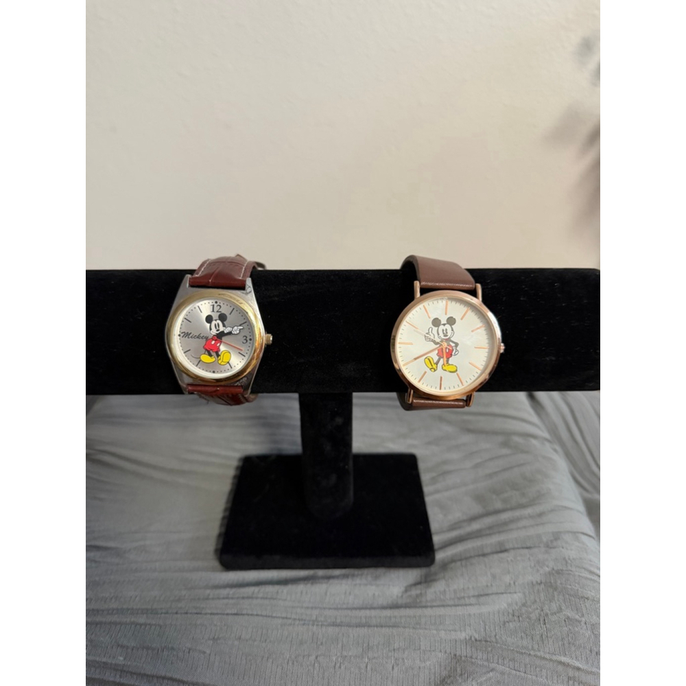 Disney Mickey Mouse Watch Lot 2 Accutime Quartz Brown Leather Needs Battery Vint